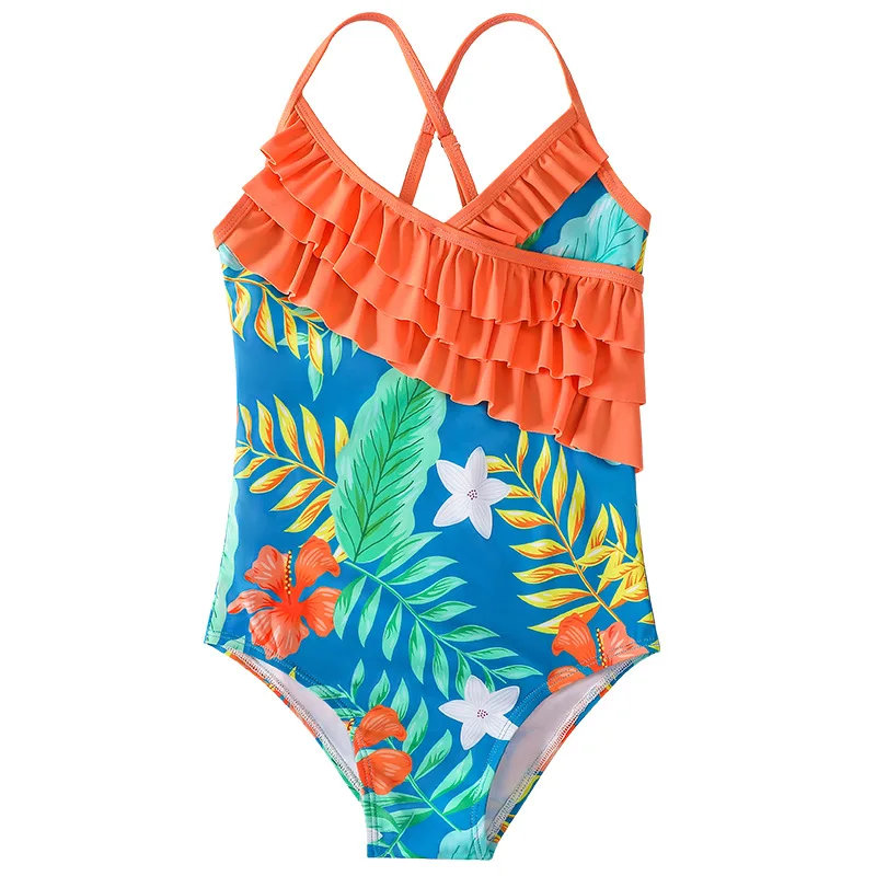 2023 Girls Swimsuits Kids One-piece Suspenders Tied Shoulder Swimsuit Vintage Kimono Printed Bikini Set Beach Bathing Suit