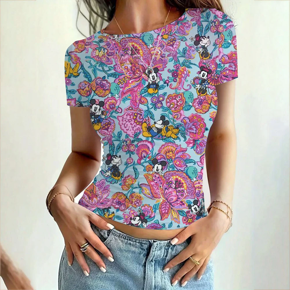 Women's clothing short sleeved T-shirt slim fit top Disney Mickey Mouse print women's round neck tight fitting T-shirt street we