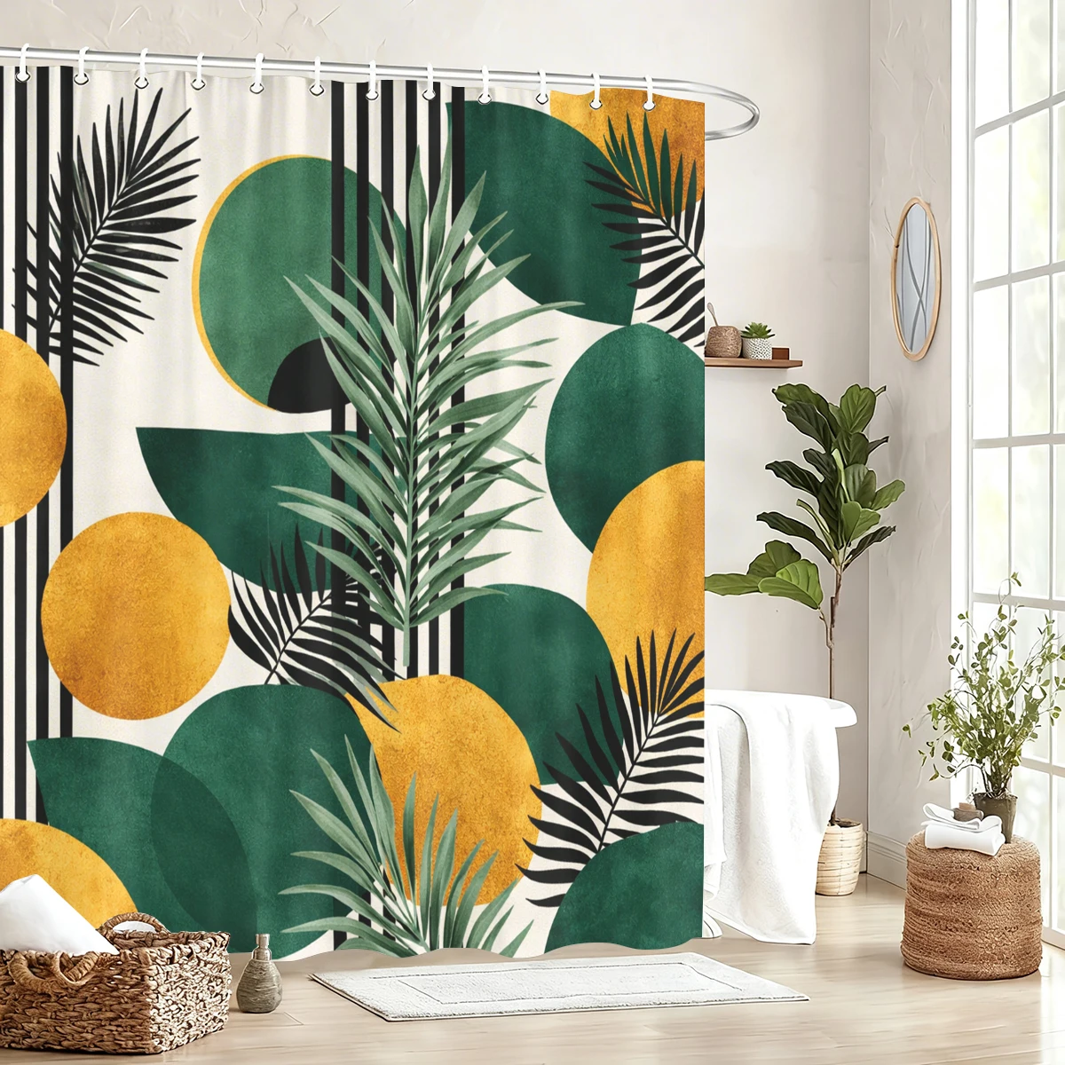 

2D Printed Polyester Shower Curtain - Stylish Botanical & Geometric Patterned Bath Curtain for Bathroom Decor
