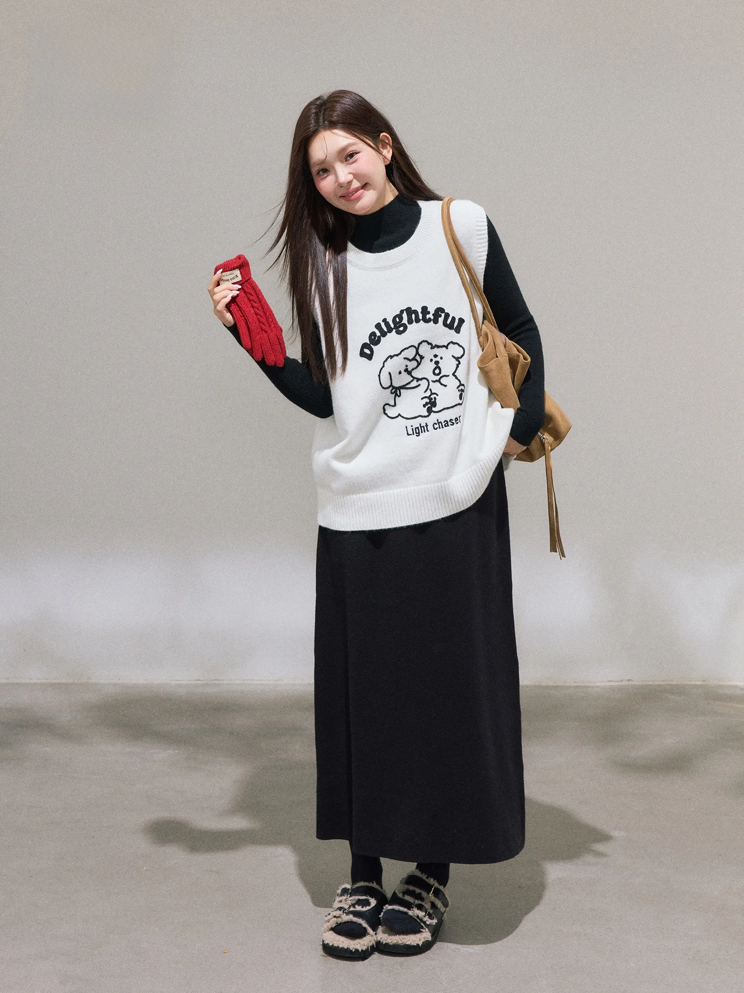 

Вязаный жилет с медведем больших размеров, свитер, длинная юбка, корейский комплект для похудения, модная юбка трапециевидной формы с высокой талией