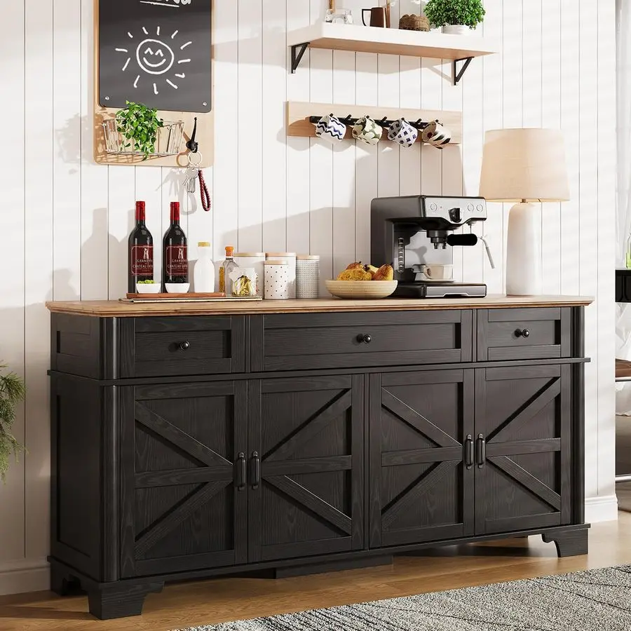 Aparador estilo rústico con almacenamiento, aparador negro con estantes ajustables y 3 cajones, mesa de buffet C