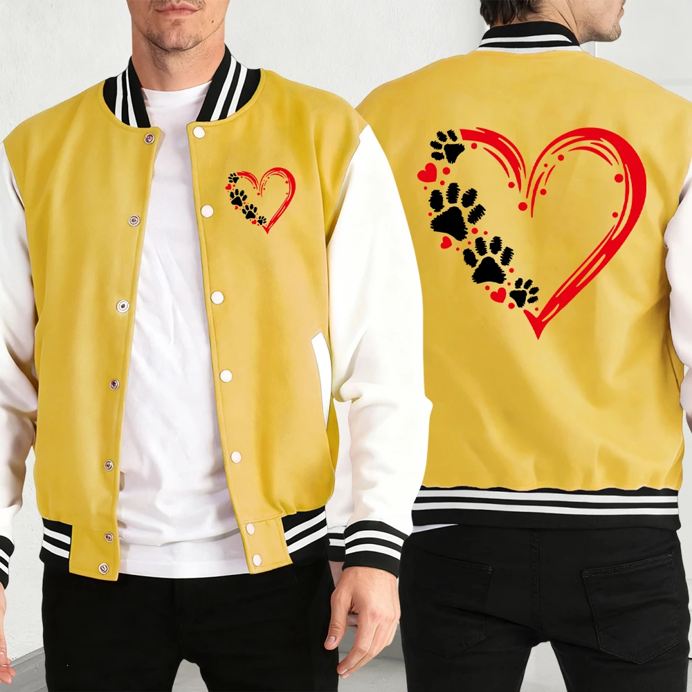 

Heart Footprint Print Mens Casual Loose Jackets Oversized Retro Baseball Jersey Sport Button Menswear Autumn Street Clothes