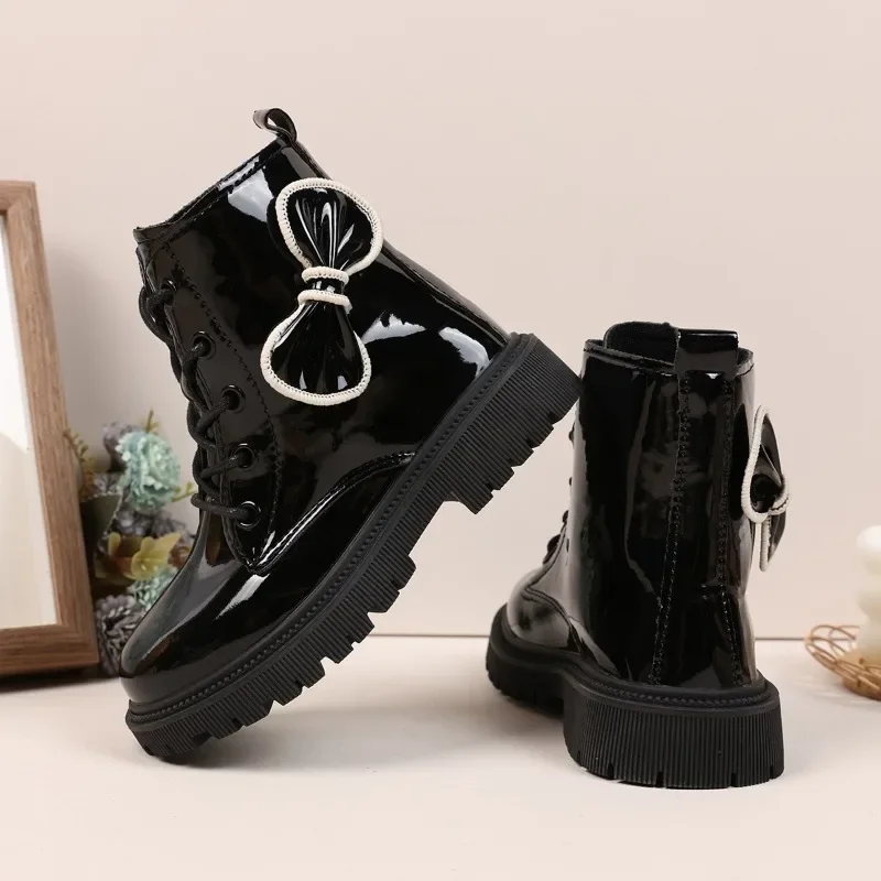 

Girls Short Boots Round Toes Sweet Bows Kids Princess Boots Comfort 2025 New Fashion Children Leather Boots Glossy Soft Bottom