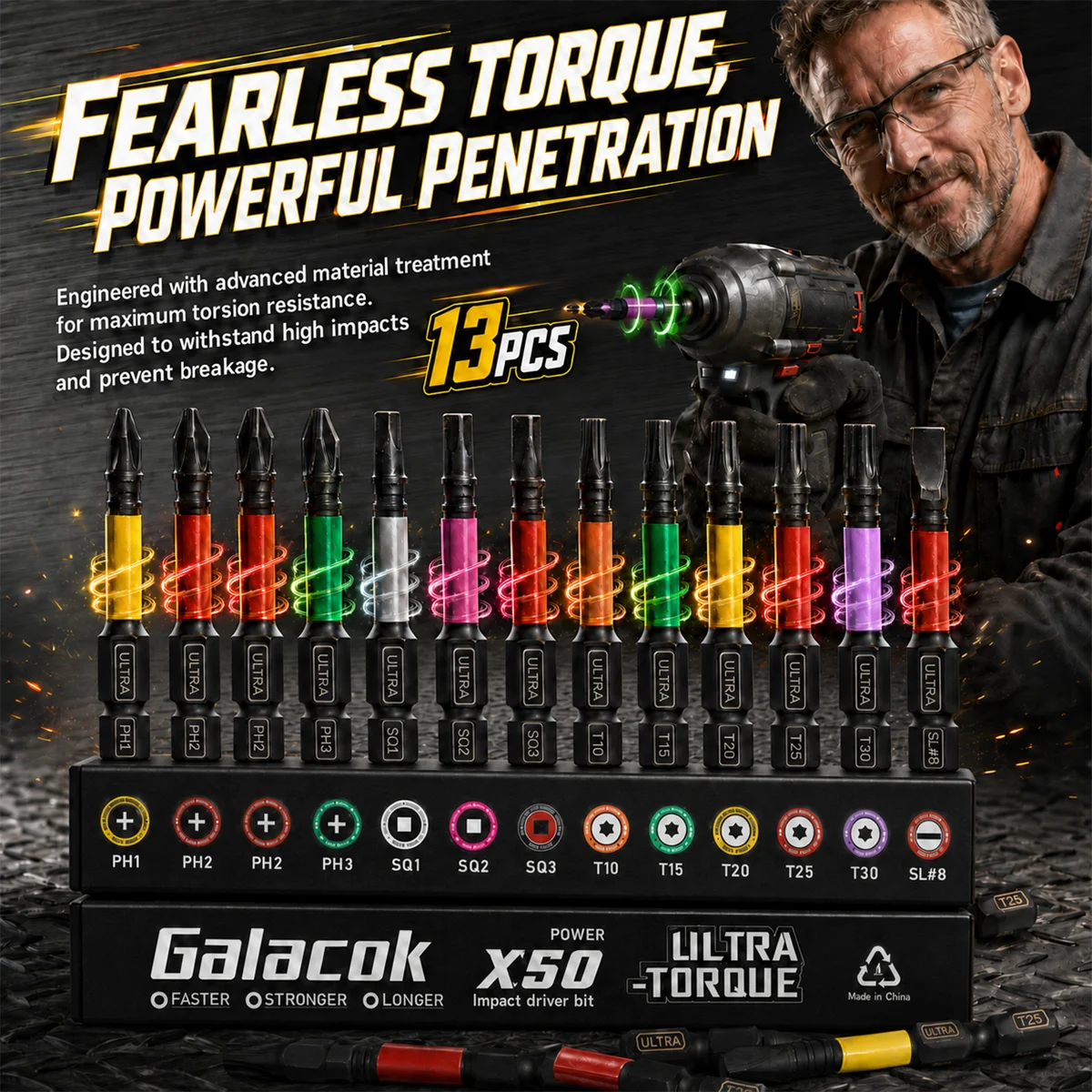 Galacok 13Pcs Color Coded Impact Screwdriver Bit Set S2 Steel Magnetic Hex Shank Driver Bits for Impact Drill Power Screwdriver
