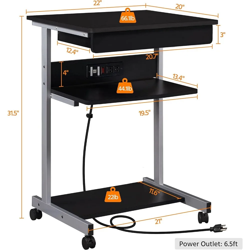 Premium 22 in Laptop Computer Table Home Office Desk with Power Outlet for Small Space, Mobile Compact Corner Workstation with