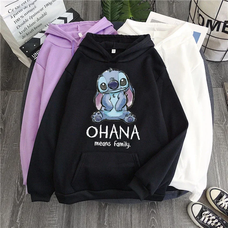 Disney Stitch Hoodies Women Harajuku Pullovers Cute Kawaii Casual Tops O-Neck Angel Print Hooded Sweatshirt Oversized Hoodie