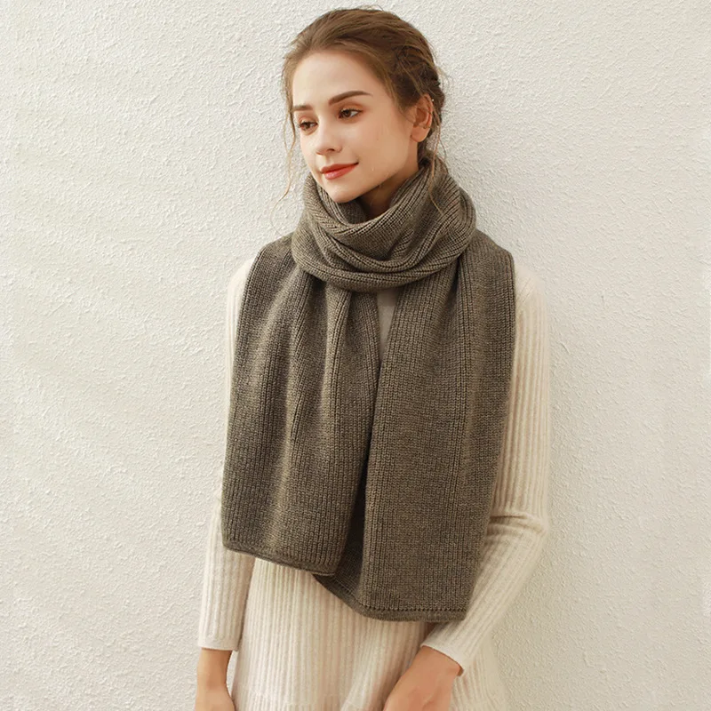 French Pure Color Fashion Simple Versatile Ribbed Knitted Scarf for Women Winter New Cashmere Warm Neck Scarf