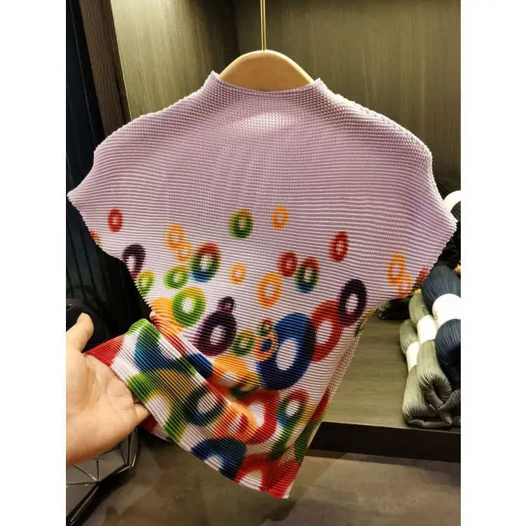 Fashion Circle Print Standing Collar Corn Grain Pleated Top Slim Fit Short Sleeve T-shirt Women's Summer New Style