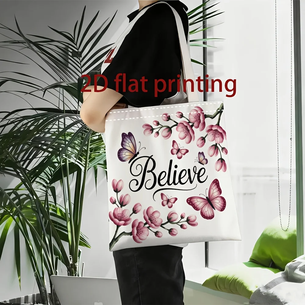 1pc Peach Blossom & Butterfly Themed Tote Shopping Bag,Suitable for Daily Use,School,Travel,Healing Gift for Inspiration Lovers
