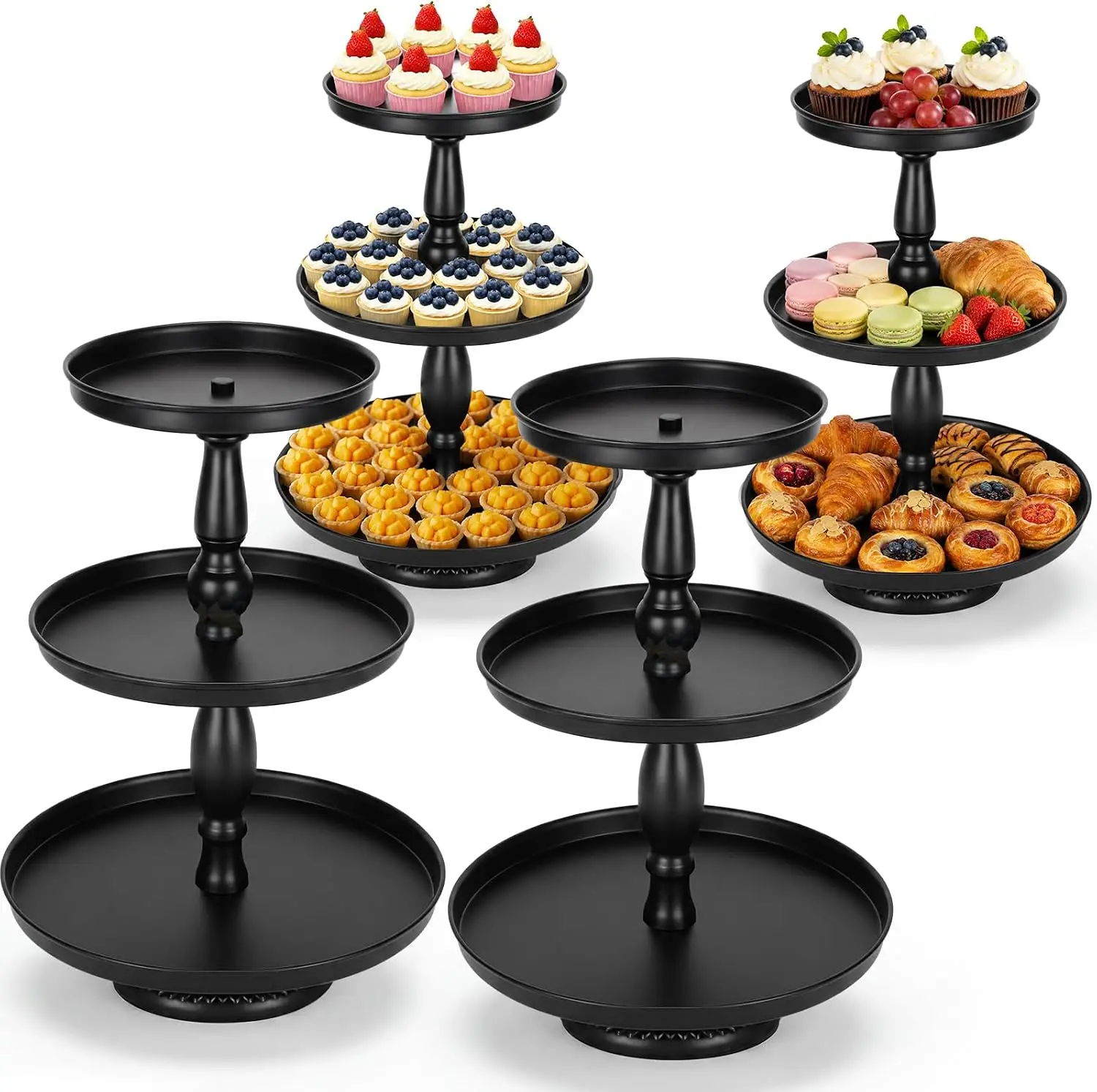 3 Tier Round Cupcake Stand, 4-Piece Set, Black Metal, for Party and Wedding