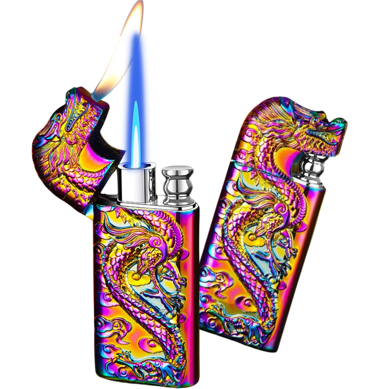 

Windproof Metal Stereoscopic Dragon Double Flame Lighter Double Flame Conversion Jet Inflatable Butane Lighter Men's Gift