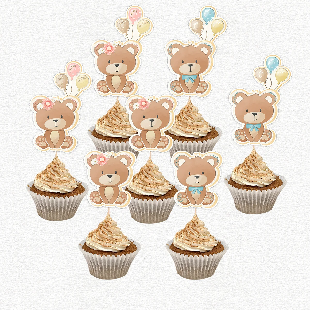 20pcs Carton Bear Cupcake Toppers Blue Pink Topper for Kids Baby Shower Bear Happy Birthday Party Decorations DIY Cake Supply