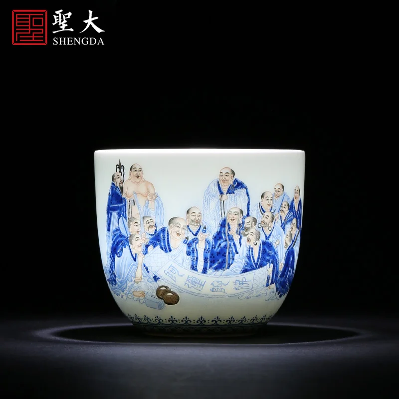 

|Holy big ceramic curios kung fu tea sample tea cup heavy blue color 18 arhats cup of jingdezhen tea service master