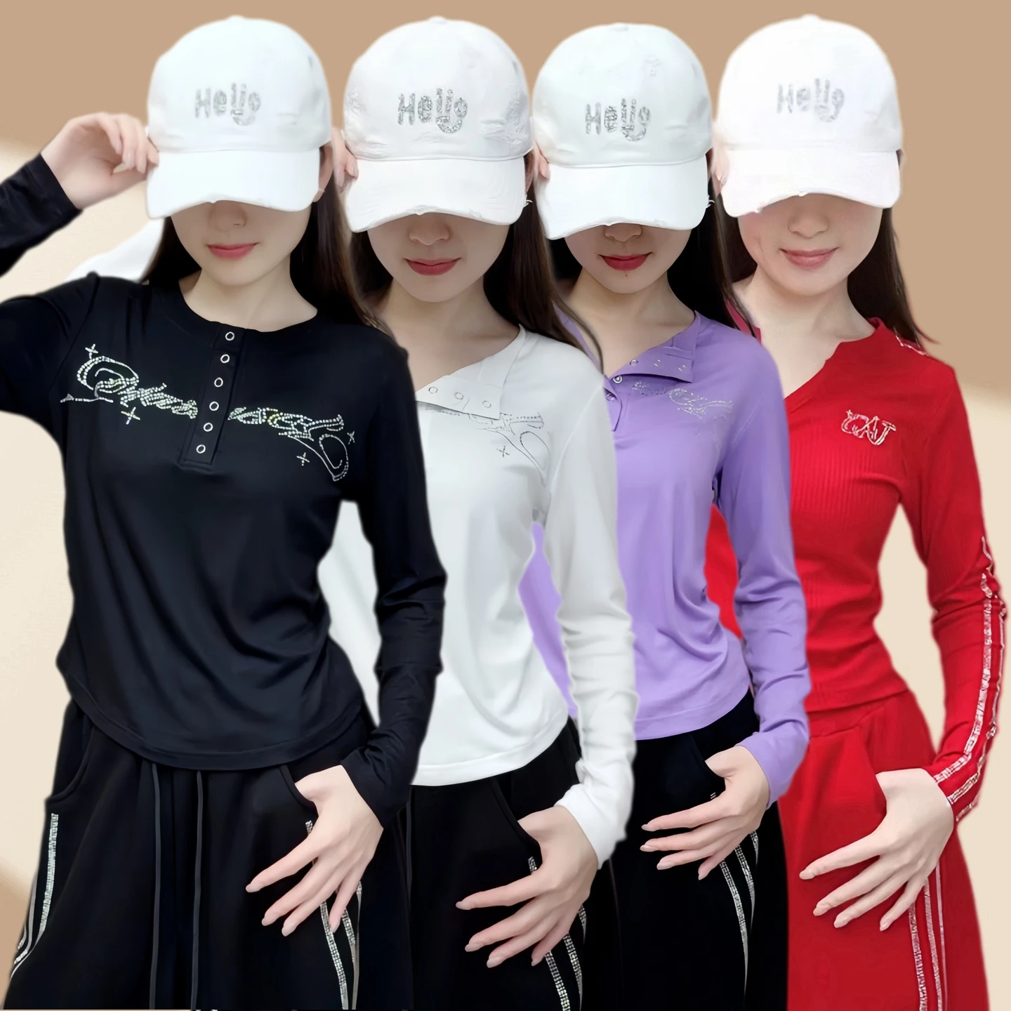 トレンディなアメリカンシンプルスタイル長袖tシャツ女性のスクエアダンス服新しいカジュアルダンススポーツトップスパークリングダイヤモンド