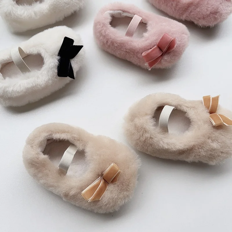 2023 Winter Babys chuhe für 0-18 Monate Neugeborene Prinzessin einfarbige Schleife Plüsch flauschige Fleece warme First Walker rutsch feste Schuhe