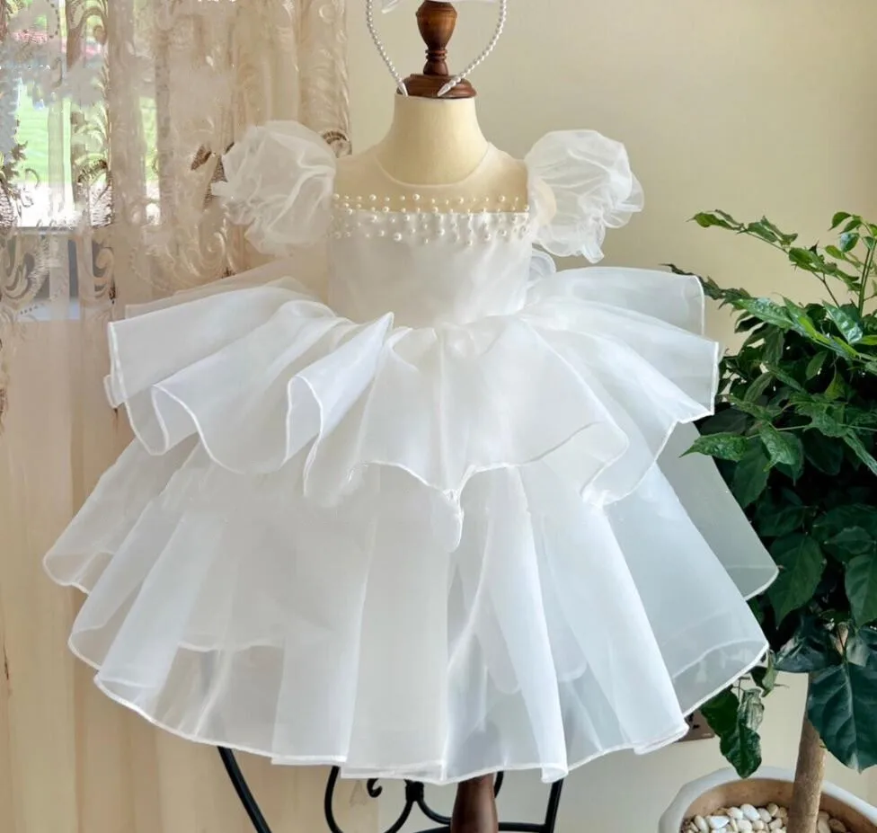 Handmade White Organza Flower Girls Dress for Wedding Tutu Short Kid Birthday Dress Christmas Party Gown Big Bow