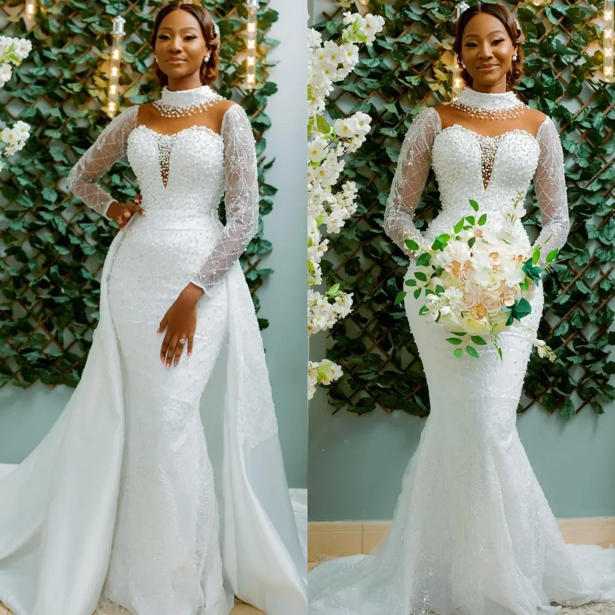 

Customized Heavy Pearls Beading Mermaid Wedding Dresses With Detachable Train Lace Appliques Beaded Full Sleeves Bridal Gown