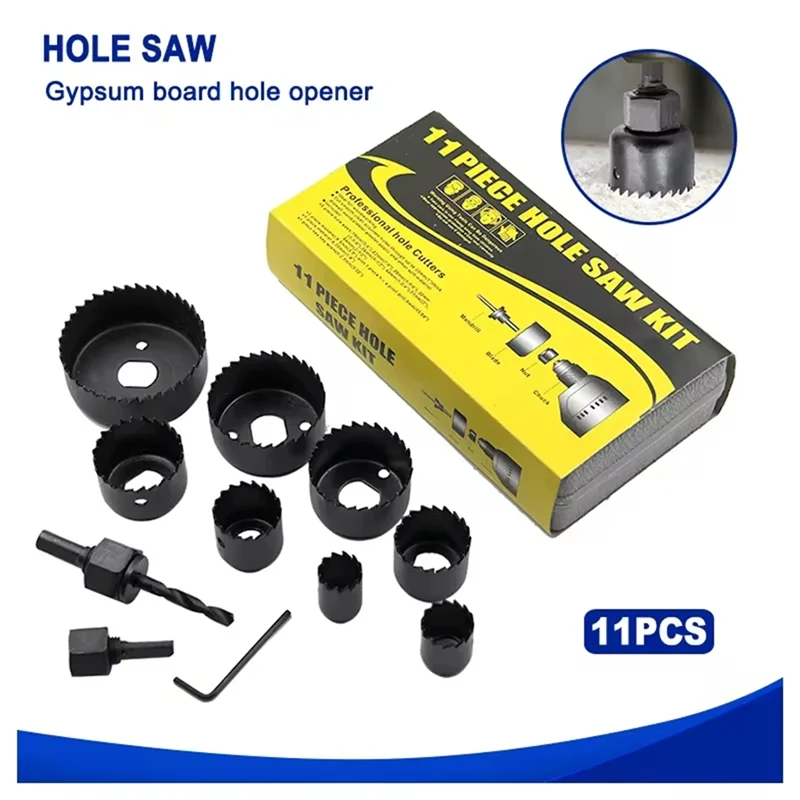 AEE2-11Pcs Hole Saw Kit Carbon Steel Metal Circle Power Drill Hole Cutter For Wood PVC And Plastic