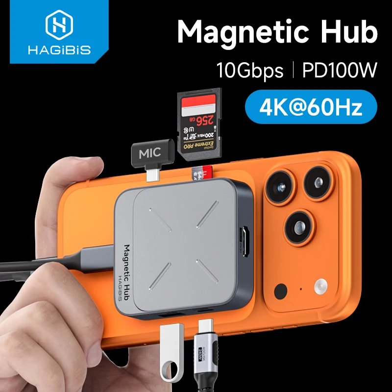 Hagibis Magnetic USB C Hub Type-C Multiport Adapter Docking Station 4K HDMI 100W PD For Macbook iPhone 17/16 Pro Thunderbolt 4