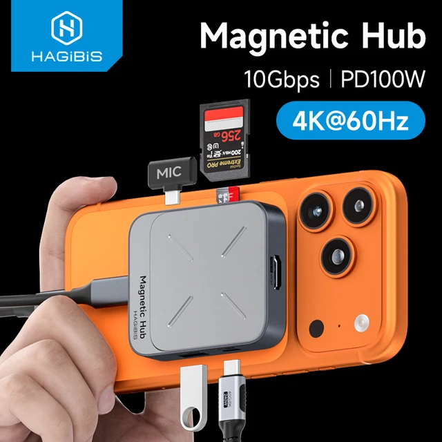 Hagibis magnético usb c hub tipo-c multiport adaptador docking station 4k hdmi 100w pd para macbook iphone 17/16 pro thunderbolt 4