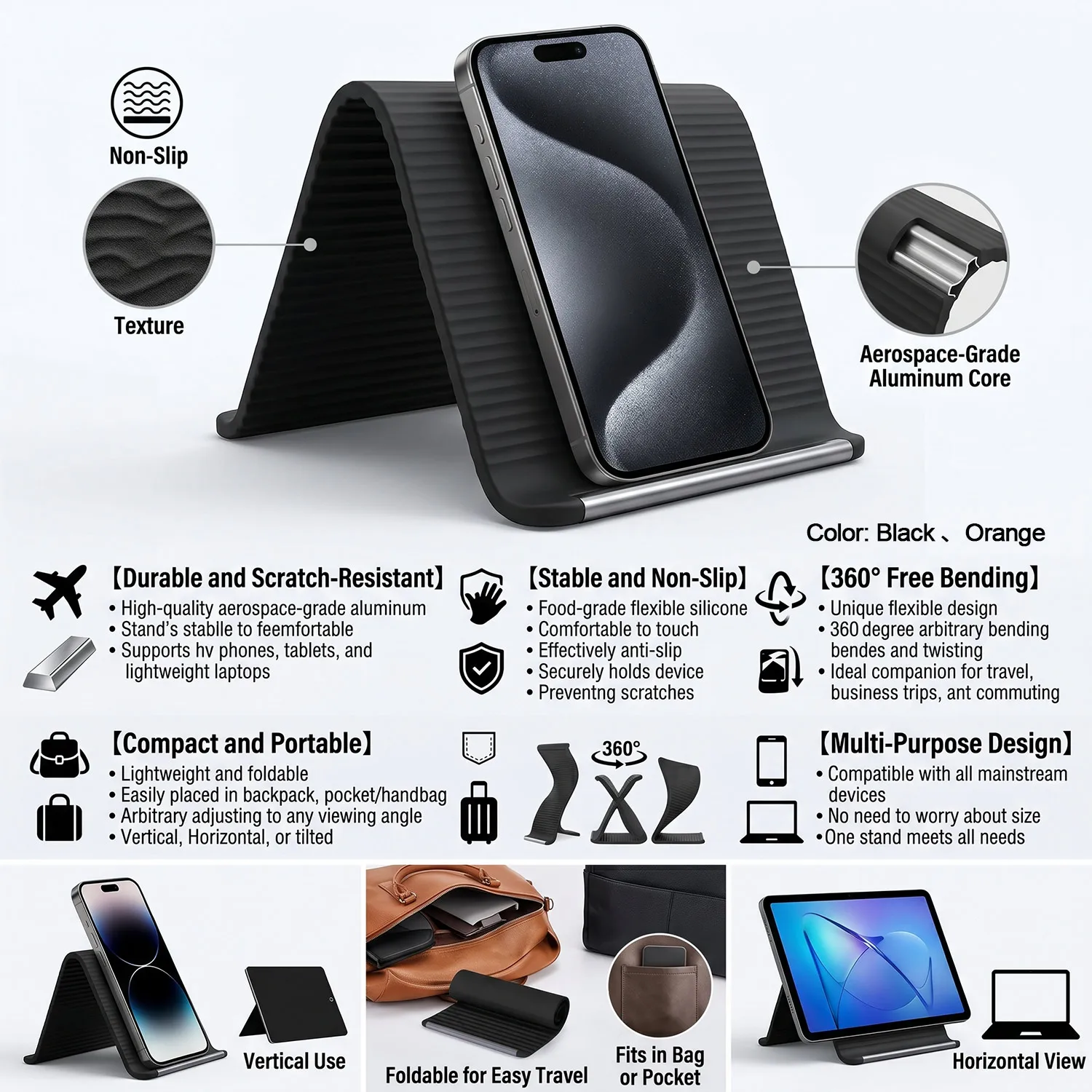 

Portable Arbitrarily Foldable Silicone Phone Holder Flexible Anti-Fall for Office Travel Universal Phone Tablet Laptop Phone Sta