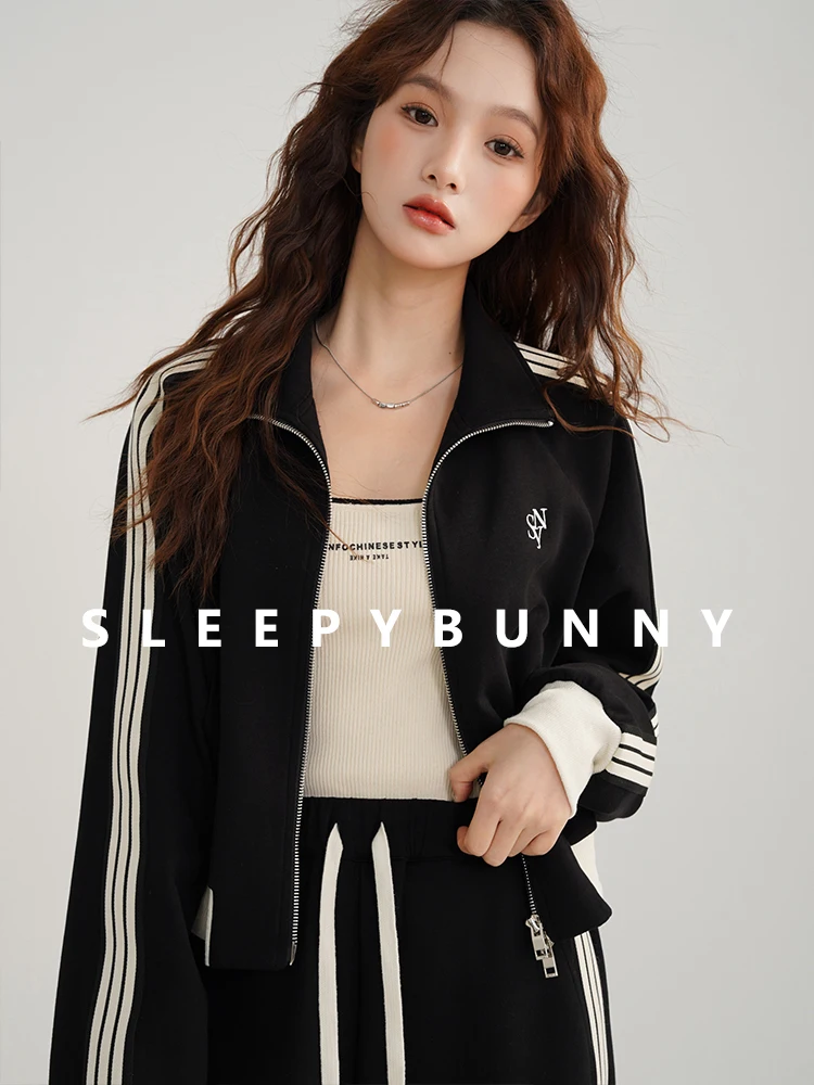 Vintage Sportliche Casual Schwarz Weiß Kontrast Zip Jacke Frühling Herbst Slim Fit Gestreiften Track Top Mode Sportliche Oberbekleidung Frauen