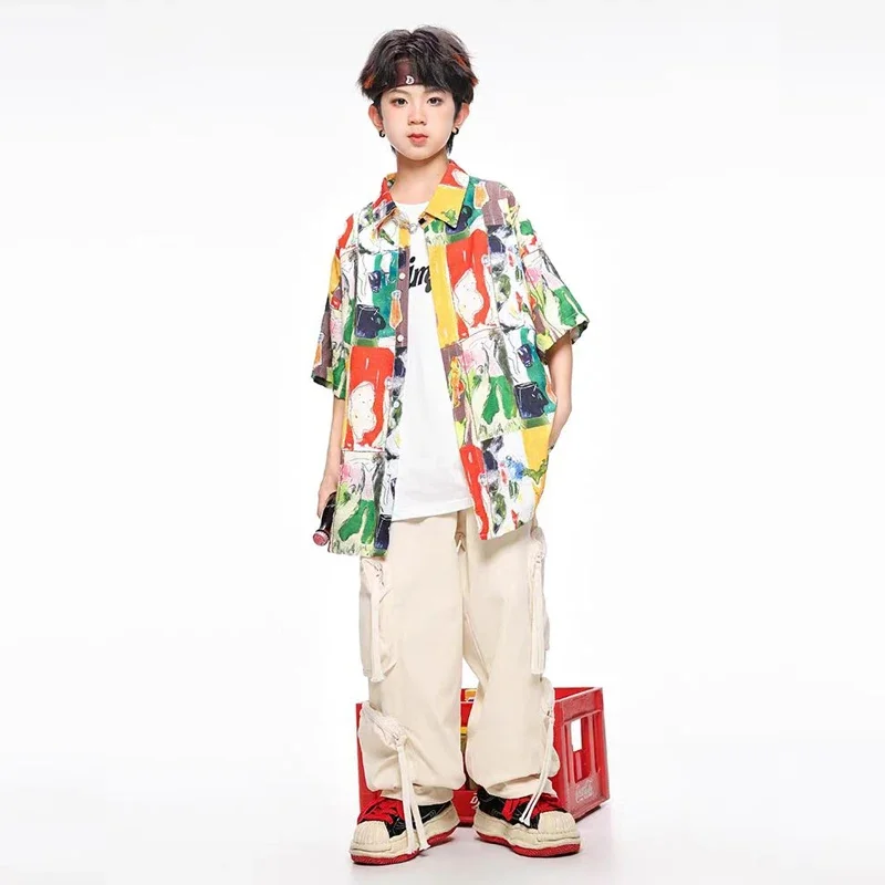 2024 New Children's Street Dance Trendy Clothing Boys Shirt Set Hiphop Loose Trendy Performance Outfits Catwalk Show Wear XH816