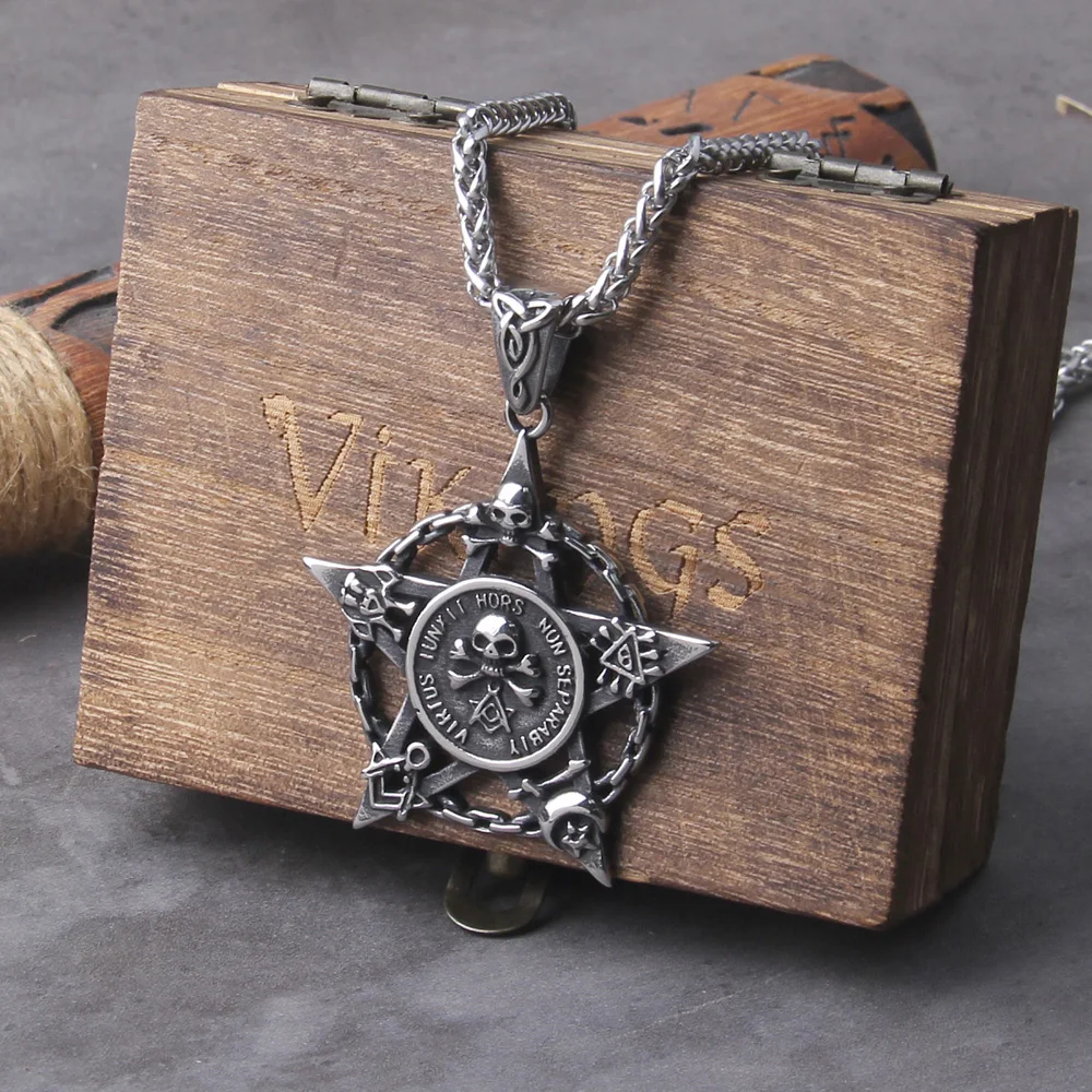 Satan Skull Hell Symbol Necklace Stainless Steel Punk Freemasons Necklace with wooden box as gift