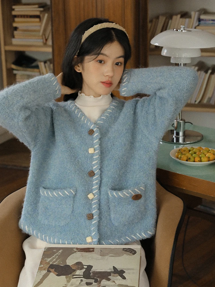 

Nesoulum Blue Knitted Sweater Cardigan Loose V-Ne Lazy Sle Women's Winter Vintage Faion Long Sve Regular Length Top