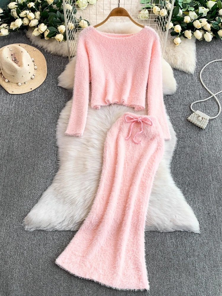 

Round neck short style top long skirt women's autumn and winter French lazy gentle style solid color two-piece set