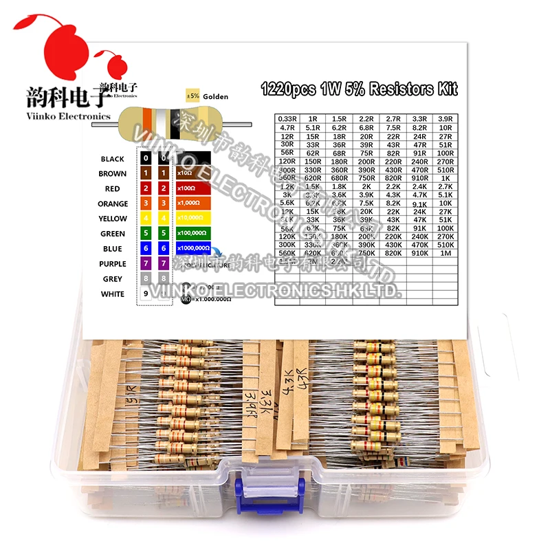 1220pcs 1W Kit de resistor de filme de carbono 5% Conjunto de sortimento de resistência 122valuesX10pcs 0,33R - 2,2M ohm Pacote de amostra