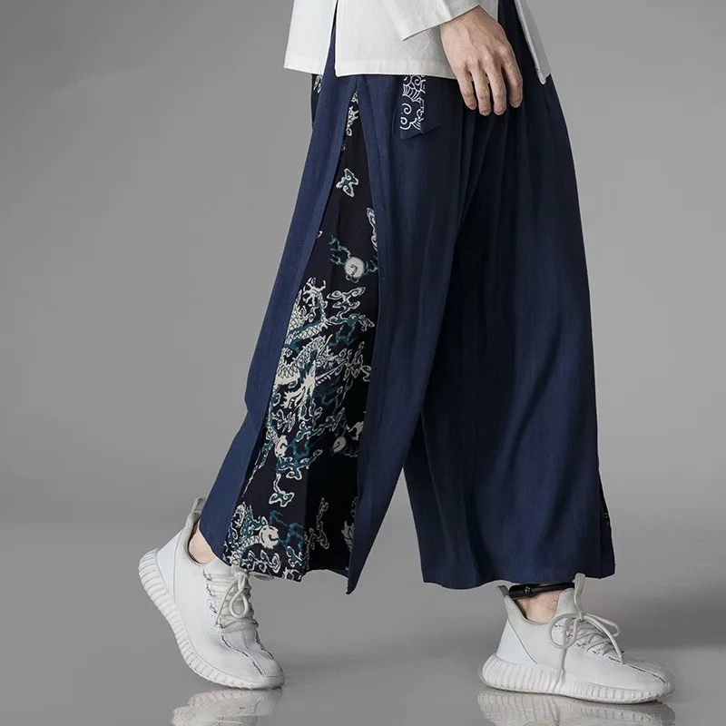 Spring Summer Chinese Traditional Dress Plus Size Wide Pants for Men Clothing Oversize Tai Chi Vintage Patchwork Ninth Pants