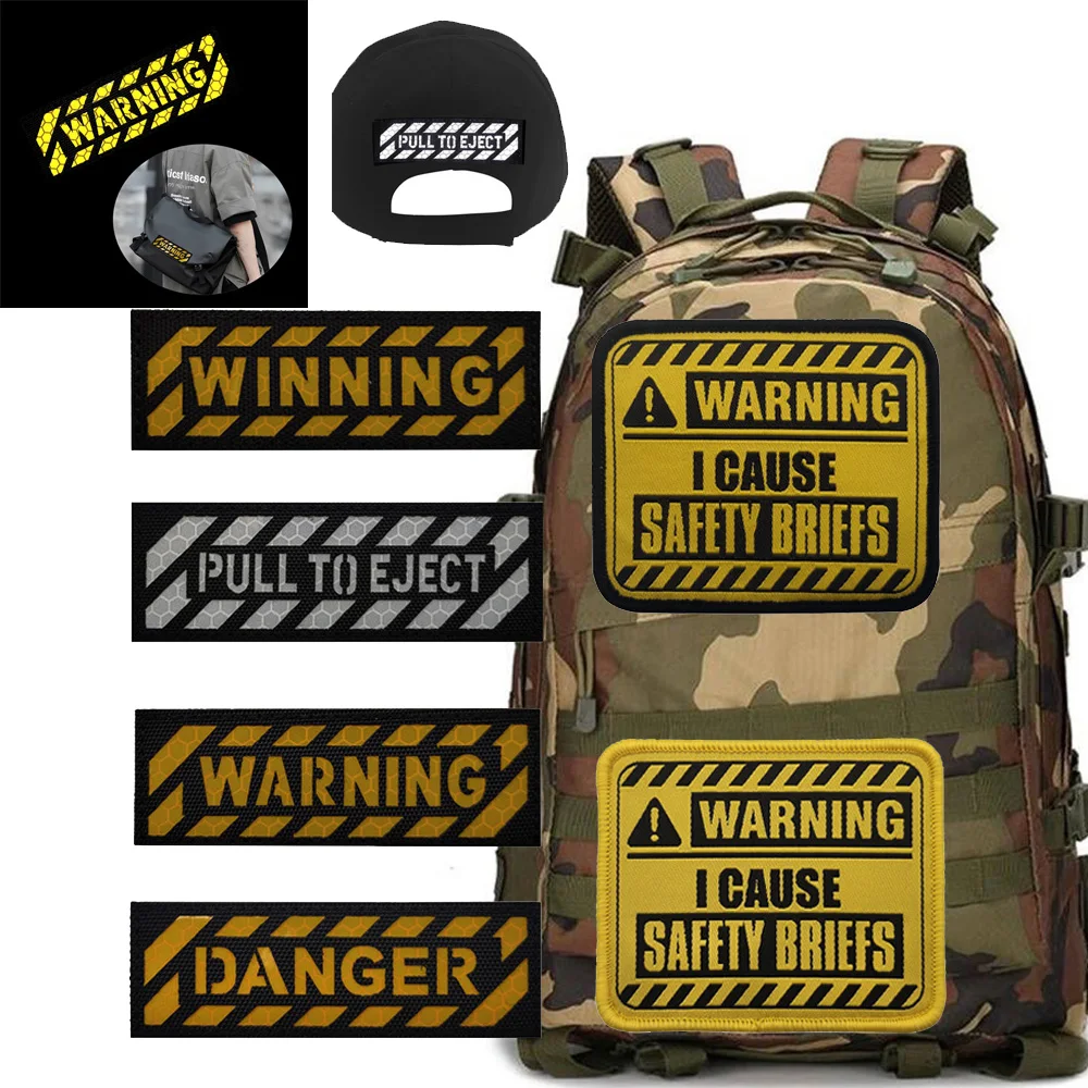 IR Reflective English Word Badge DANGER, WINNING, WARNING, Pull To Eject, Zebra Crossing Warning with Backpack for Clothing