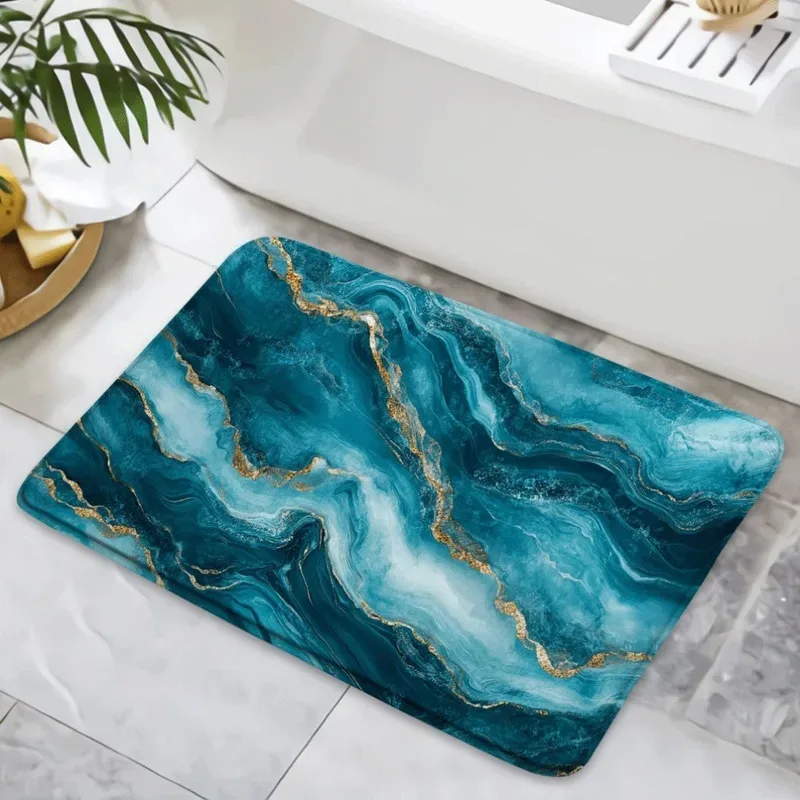 VIKAMA Luxuriöse Türkisfarbene Marmor-Badematte mit Goldakzenten, Rutschfester Saugfähiger Badezimmerteppich, Moderne Wohndekor-Bodenmatte