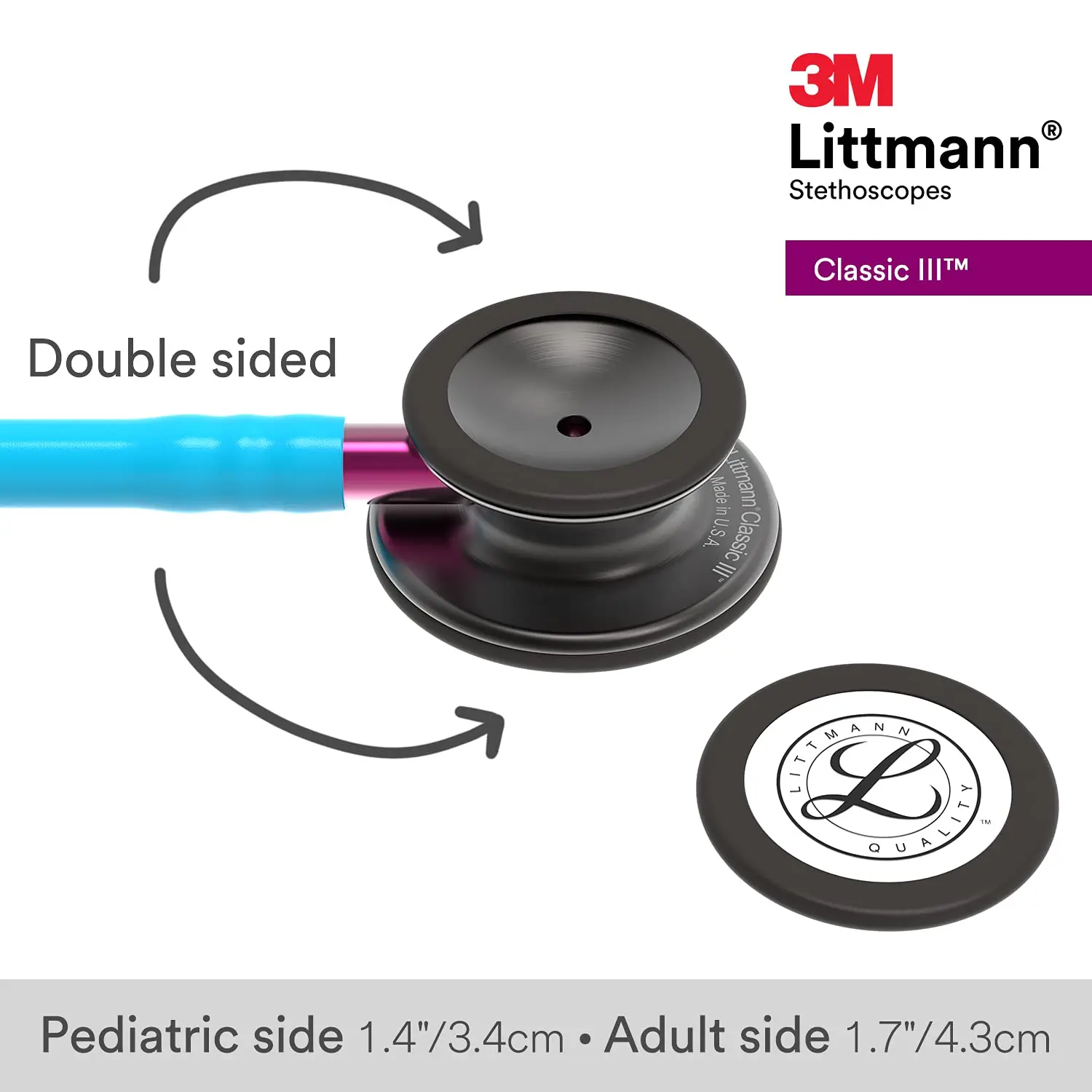 5872 3M Littmann Classic III Stethoscope, 5872, turquoise tube, smoke chestpiece, pink stem