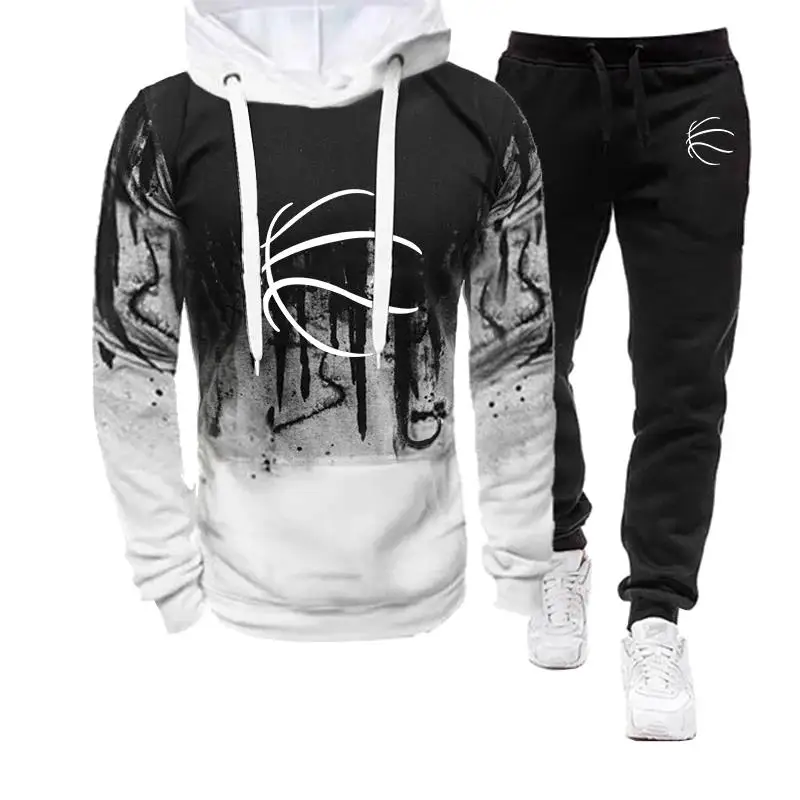 Fashion Printed Tracksuit Men\'s hooded Hoodie + Sports Pants Sets Pullover Sweater Tops and Jogging Casual 2 piece Outfit