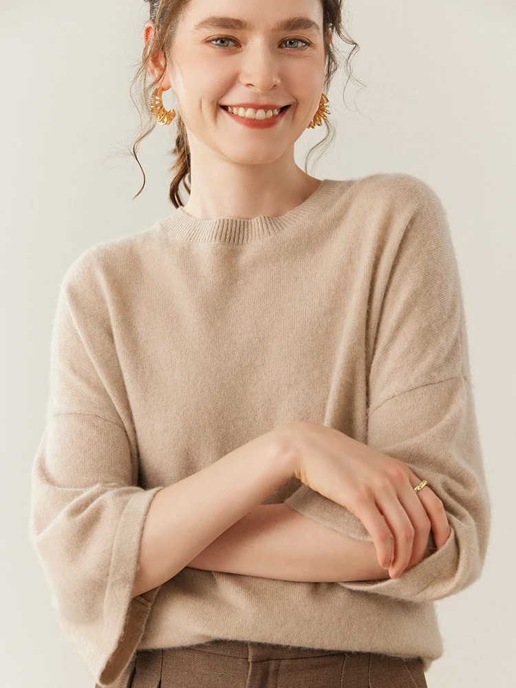 TLOML 신상 여성용 100% 캐시미어 스웨터 O넥 반소매 풀오버 심플 스타일 가을 겨울 부드러운 루즈핏 캐시미어 니트웨어 탑