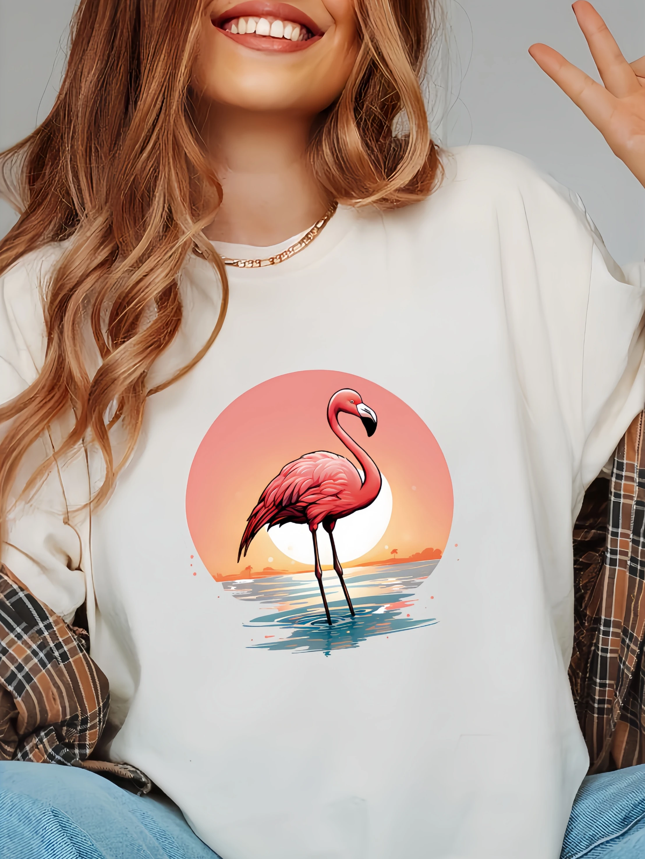 Romatic Flamingo Print Graphic Sweatshirt Women Lazy Fashion Casual Long Sleeve Crewneck Pullover Thin Spring