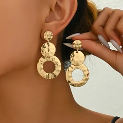 Popular Multi-layer Hollow Circular Hammered Ear Clip for Women Long Exaggerated Personality Hanging Pierced Earrings Jewelry