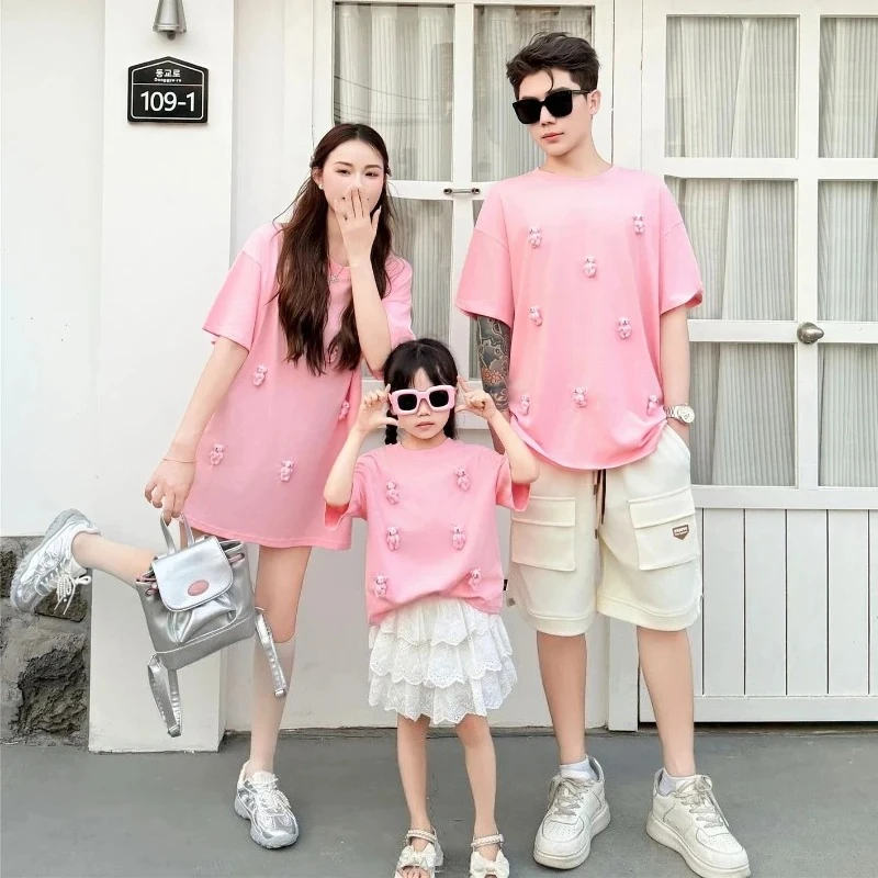 Baby Bodysuit Parent-child Clothes Father Mother and Son Daughter Matching Tee Shirt Family Pink Short Sleeve T Shirt Cute Bear