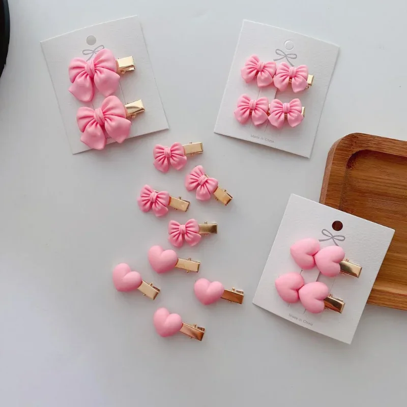 2Pcs Pink Hair Pin for Baby Girl Cute Tie Bow Flower Heart Baby Girl Hair Clips Kawaii  Side Clip Baby Hair Accessories