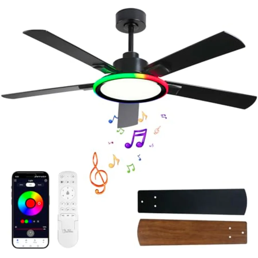 

52 Ceiling Fan with Light for Living Room, ABS Blades, White, Bluetooth Speaker Full-Spectrum Adjustable Lighting