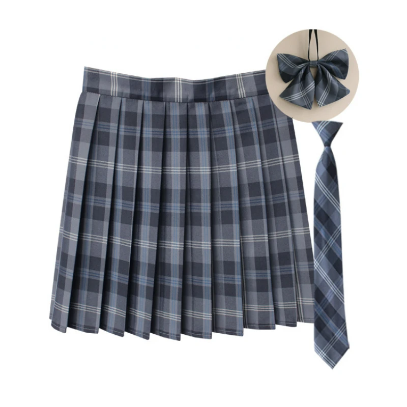 Women's Pleated Plaid Skirts Mini Tennis Skirt Harajuku JK with Neck Bowtie and Tie High Waist Japan Uniform Short Skirt,41-43cm