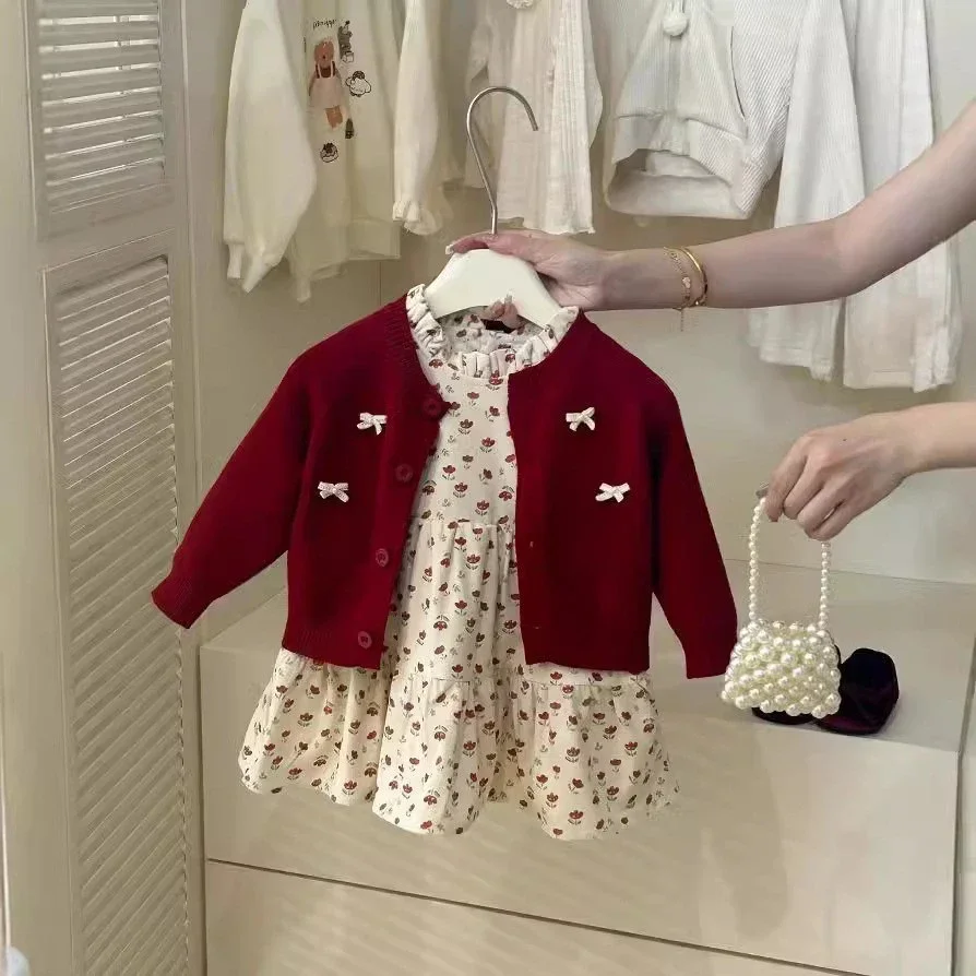 

Children Sets Clothing Flower Pattern Knit Cardigan Kids Dresses Autumn Warm Fashion Baby Skirt Sweater Girls Clothes 2pcs Suits