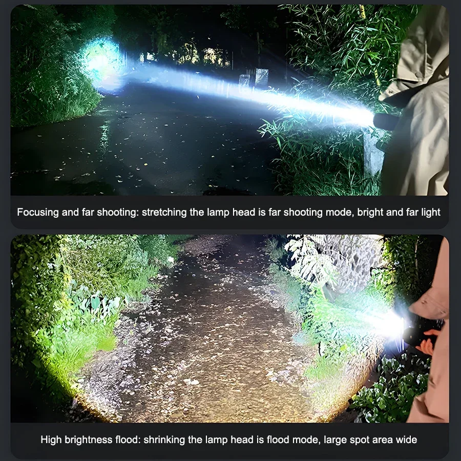 High Power LED Flashlight with Side Light Built-in 18650 Battery Telescopic Zoom Portable Torch Outdoor Riding Camping Lantern