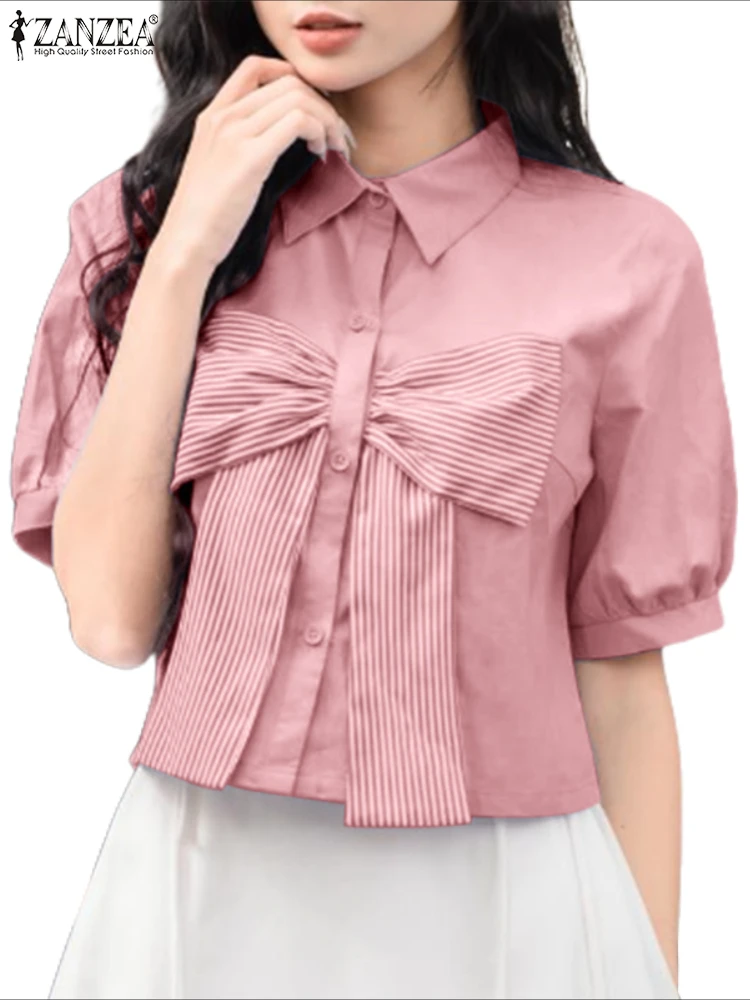 เสื้อเชิ้ตหลวมๆผู้หญิงแขนสั้นโบว์บลูซาส 2025 ZANZRA แฟชั่นเสื้อคอปกเสื้อสีทึบเสื้อขนาดใหญ่