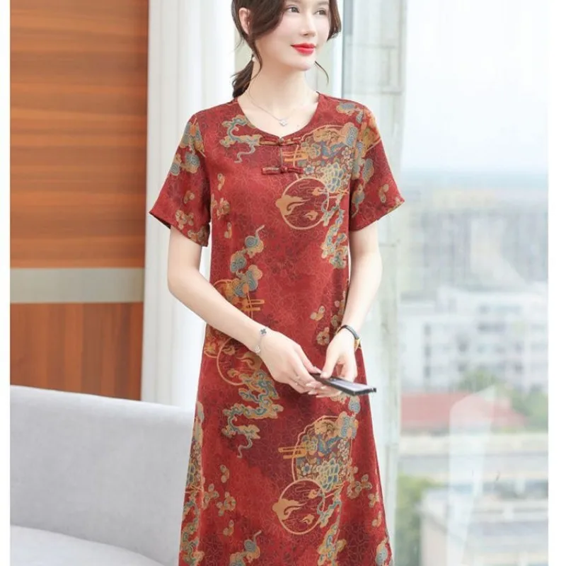 Women's Olive Green Short Sleeve Dress Retro Floral Pattern Loose Fit Midi Casual Comfortable Daily Summer Dress