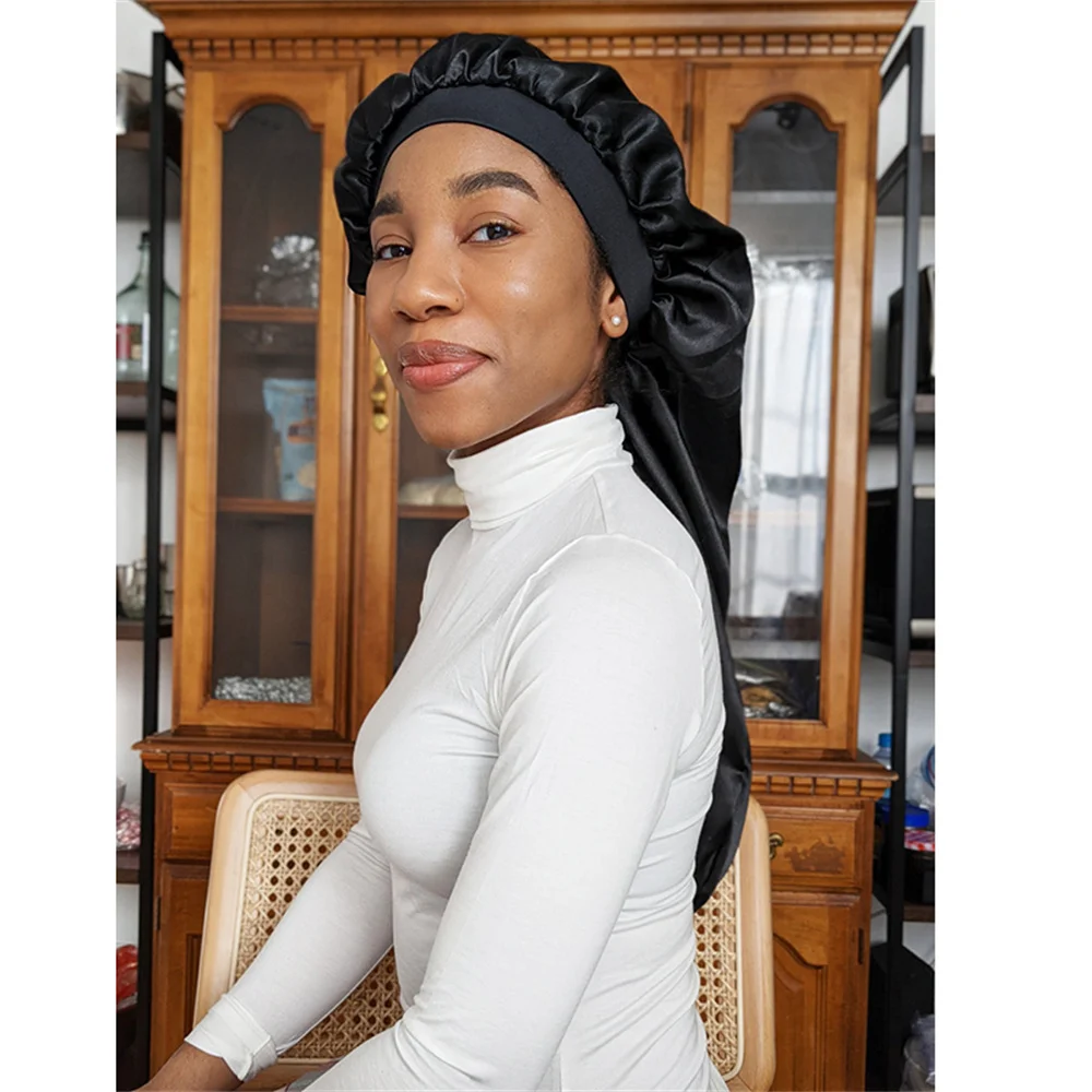 Double Layered Satin Sleep Caps Women Hijab Bonnet Solid Color Long Tailed Turban Hat Hair Care