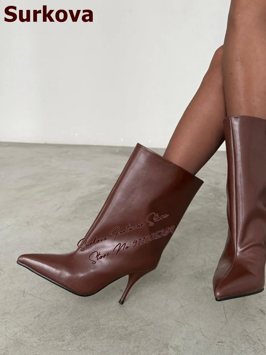 Surkova Burgundy Matte Slouchy Ankle Boots Stiletto Heels Pointed Toe Booties Wide Big Bandquet Dress Shoes Fat Boots