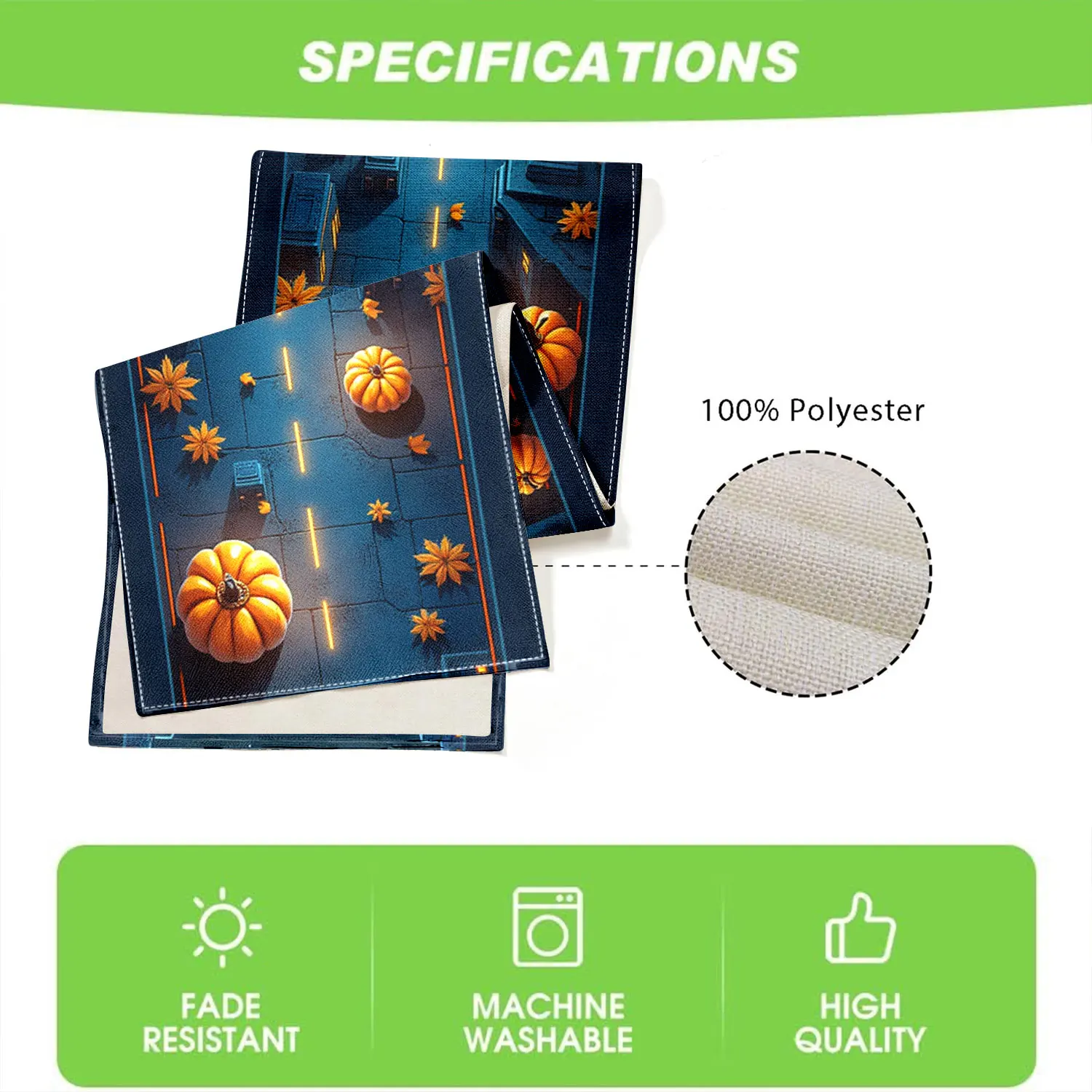 قطعة واحدة من مفرش طاولة على شكل يقطين الهالوين مع أنماط مشهد ليلي للمدينة، مناسبة لحفلات الهالوين ومشاهد الديكور المنزلي.